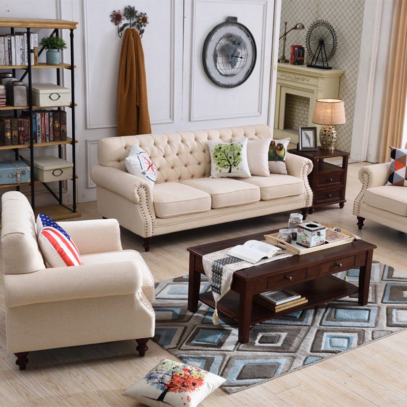 33.4"H Country Linen/Microfiber/Faux Leather Rolled Arm Tufted Sofa