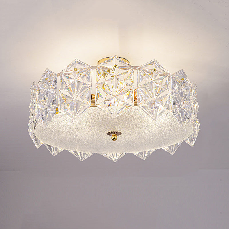 Trommel slaapkamer semi-flush lamp traditionele multi-head gouden plafondverlichting met glazen schaduw