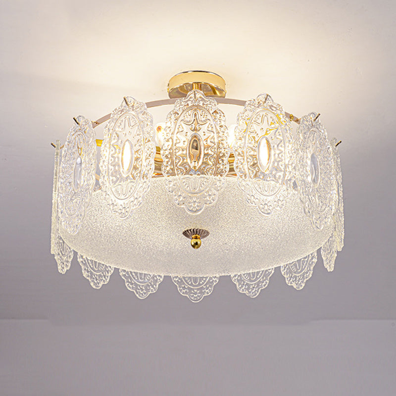 Trommel slaapkamer semi-flush lamp traditionele multi-head gouden plafondverlichting met glazen schaduw