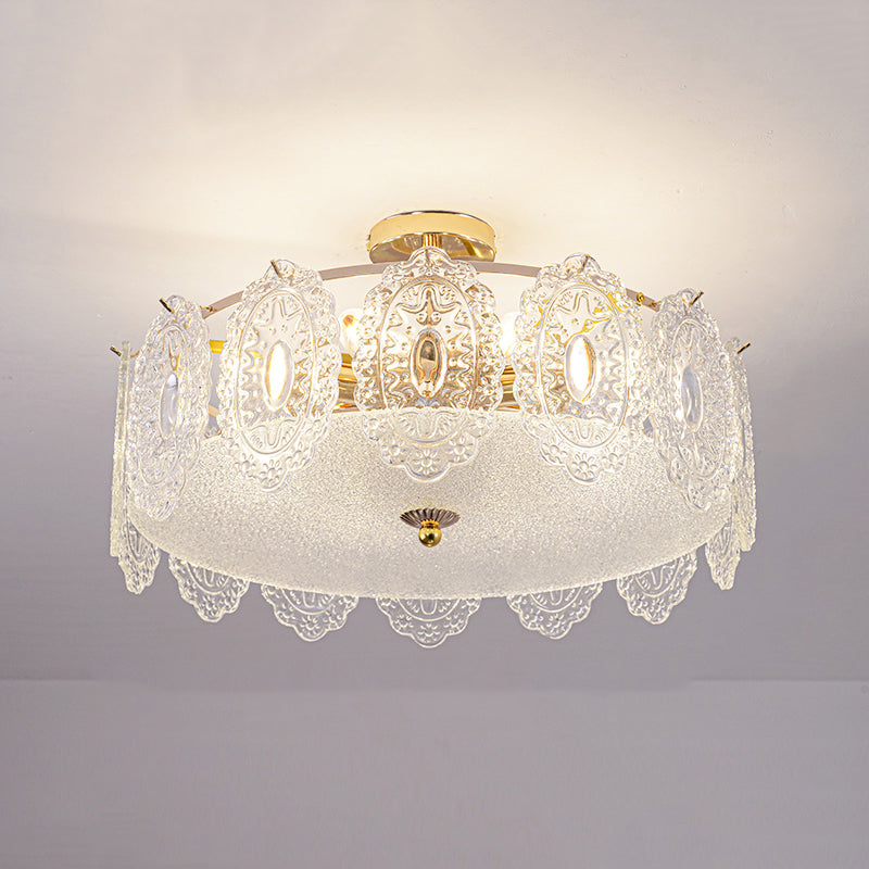 Trommel slaapkamer semi-flush lamp traditionele multi-head gouden plafondverlichting met glazen schaduw
