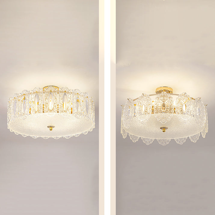 Trommel slaapkamer semi-flush lamp traditionele multi-head gouden plafondverlichting met glazen schaduw