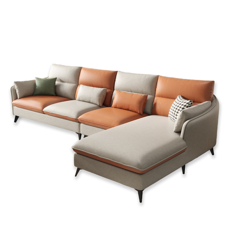 Faux Leather Sloped Arms Sectional with Pillowed Back Cushions for Living Room