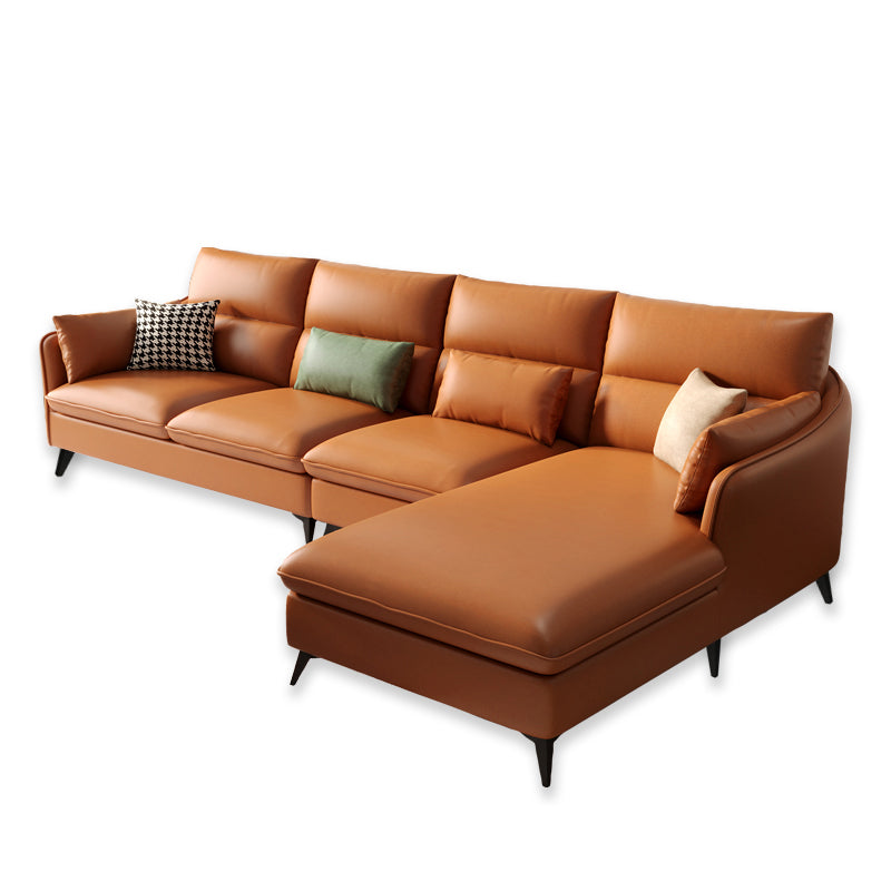 Faux Leather Sloped Arms Sectional with Pillowed Back Cushions for Living Room