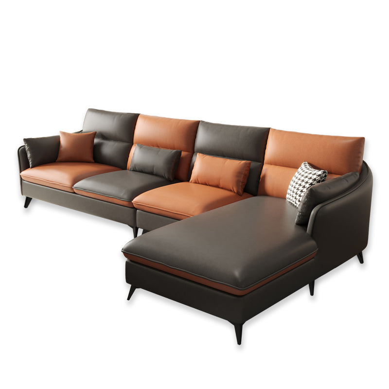 Faux Leather Sloped Arms Sectional with Pillowed Back Cushions for Living Room