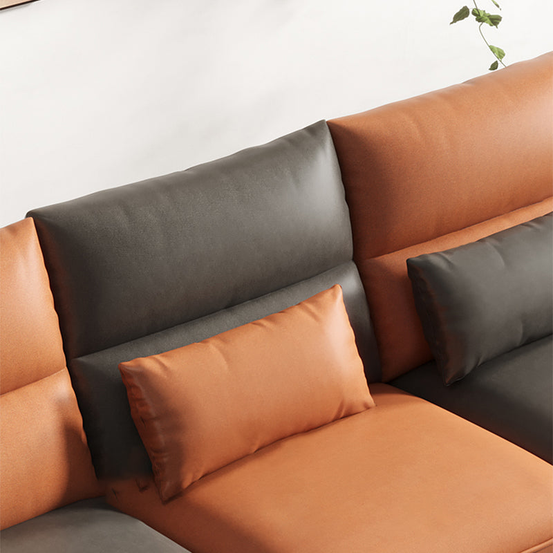 Faux Leather Sloped Arms Sectional with Pillowed Back Cushions for Living Room