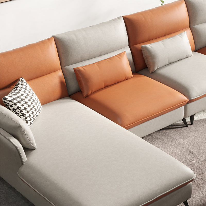 Faux Leather Sloped Arms Sectional with Pillowed Back Cushions for Living Room
