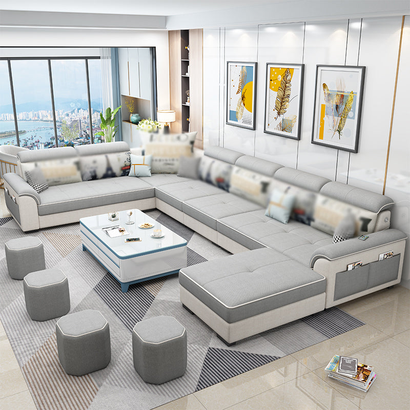 Square Arm Pillowed Back Cushions 6-Seater Faux Leather and Fabric Sectionals Sofas