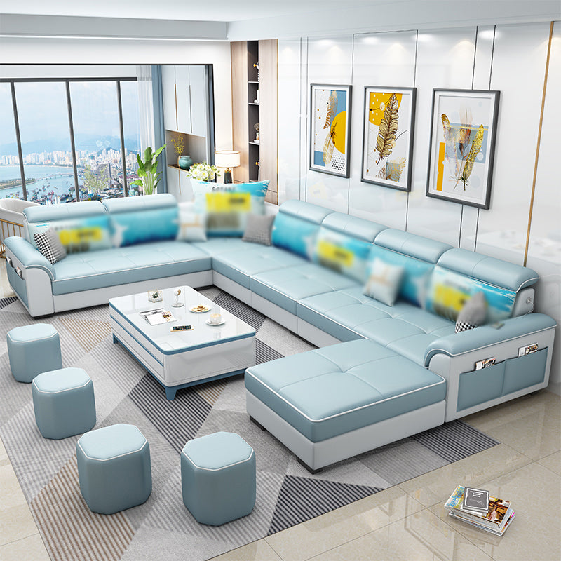 Square Arm Pillowed Back Cushions 6-Seater Faux Leather and Fabric Sectionals Sofas