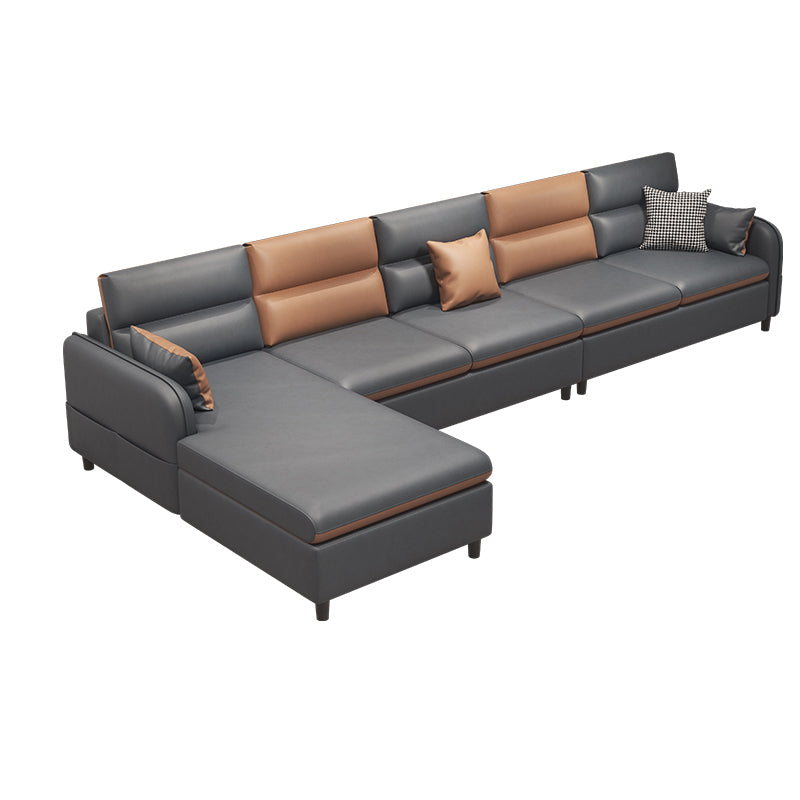 Stain Resistan Faux Leather Square Arm Sectional with Pillowed Back Cushions for Apartment