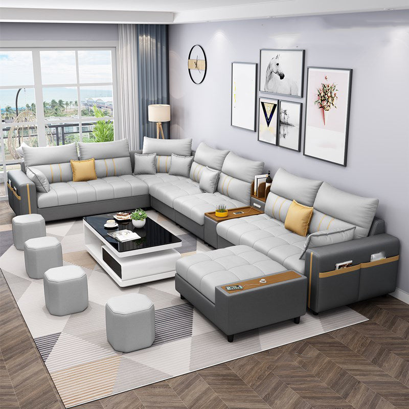 Square Arm Cotton Blend and Faux Leather Sectionals Sofas with Storage