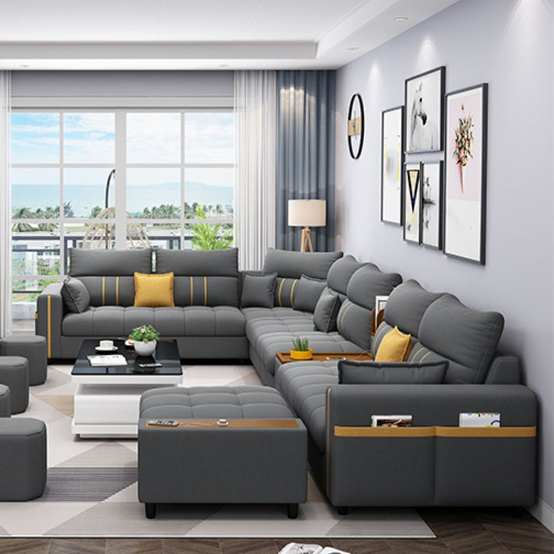 Square Arm Cotton Blend and Faux Leather Sectionals Sofas with Storage