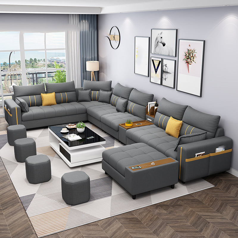 Square Arm Cotton Blend and Faux Leather Sectionals Sofas with Storage