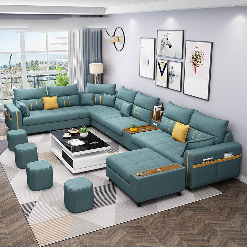 Square Arm Cotton Blend and Faux Leather Sectionals Sofas with Storage