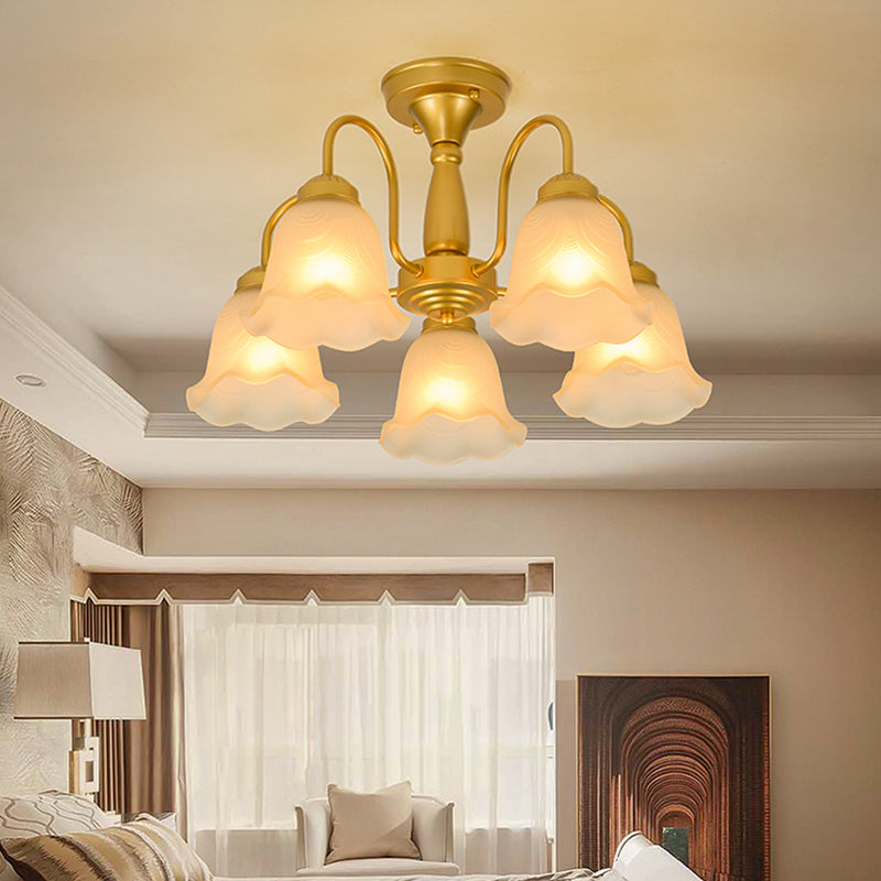 Traditional Flower Ceiling Lamp Frosted Glass Semi Flush Mount Light for Dining Room