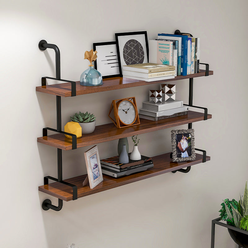 Industrial Wall Unit Bookshelf Black Iron Frame Brown Solid Wood Shelf Bookshelf