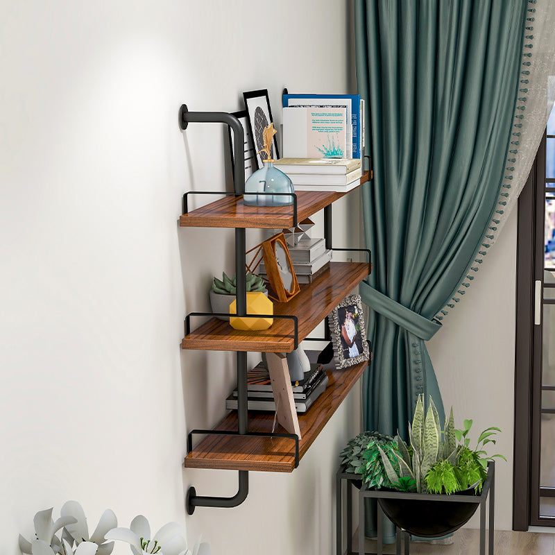 Industrial Wall Unit Bookshelf Black Iron Frame Brown Solid Wood Shelf Bookshelf