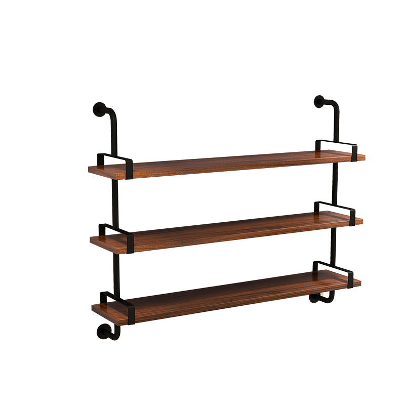 Industrial Wall Unit Bookshelf Black Iron Frame Brown Solid Wood Shelf Bookshelf