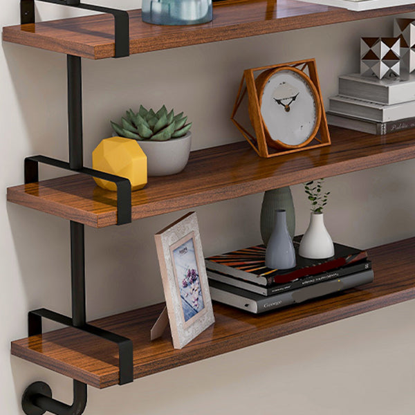 Industrial Wall Unit Bookshelf Black Iron Frame Brown Solid Wood Shelf Bookshelf