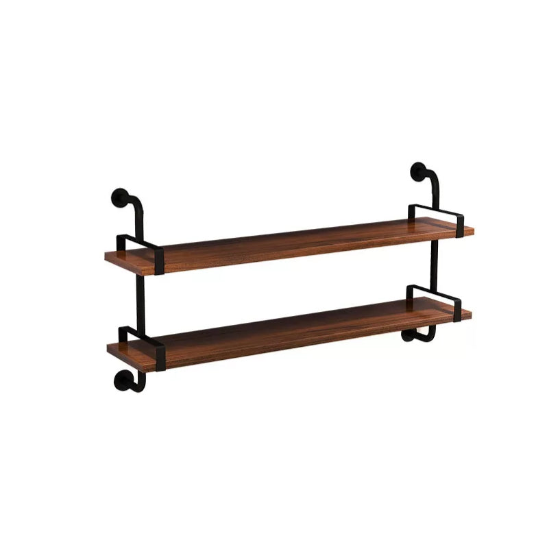 Industrial Wall Unit Bookshelf Black Iron Frame Brown Solid Wood Shelf Bookshelf