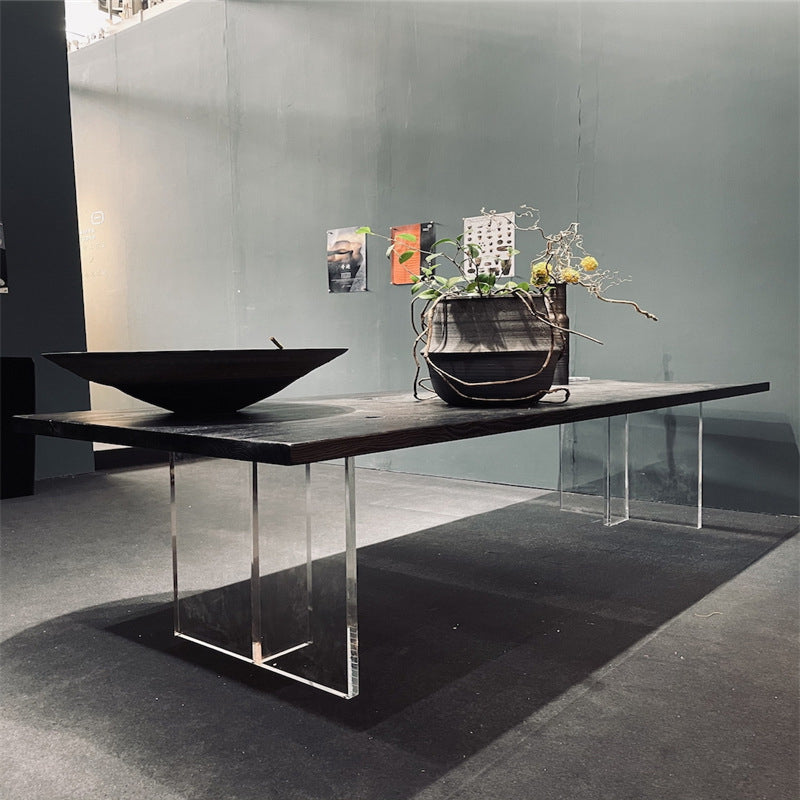 Wood Top Dining Table Modern Table with Double Acrylic Legs for Living Room