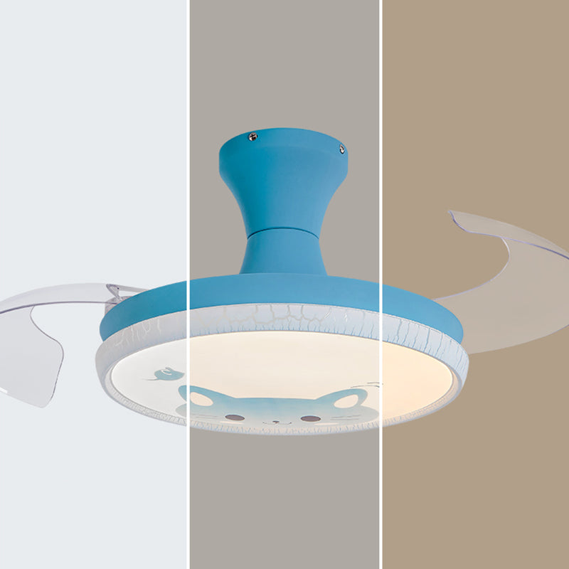 Kids Room LED Fan Lamp Frequency Conversion Cartoon Semi-Flush Light with Invisible Blade