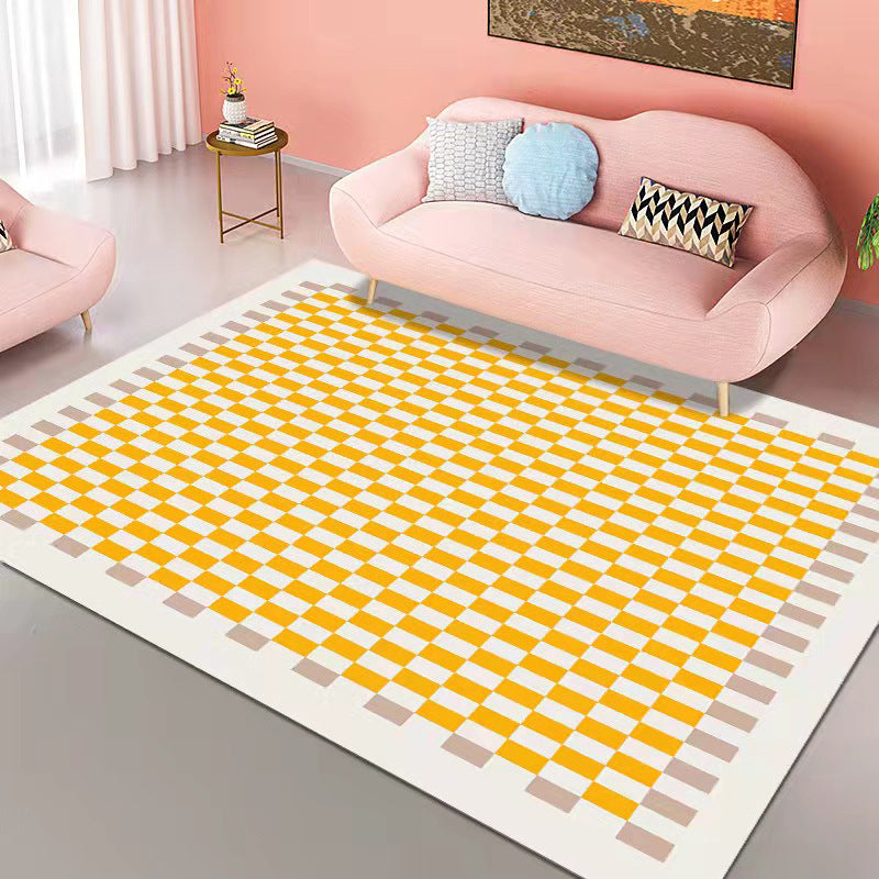 Yellow Grid Pattern Rug Polyester Modern Rug Washable Rug for Living Room