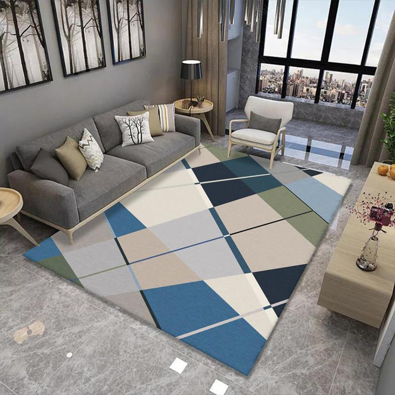 Dark Blue Geometric Rug Polyester Modern Rug Washable Rug for Drawing Room