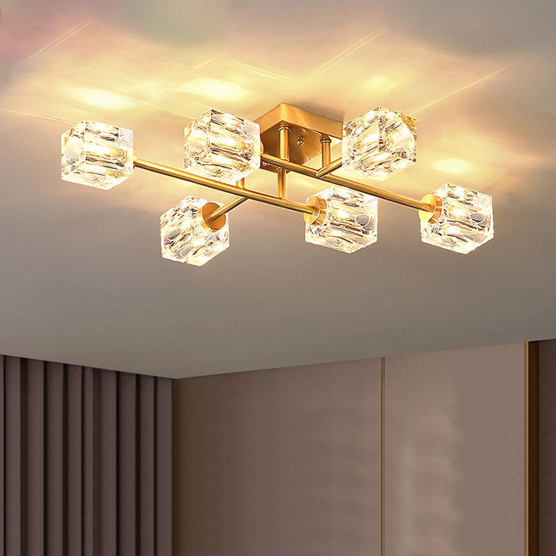 Zeitgenössischer Würfel Flush Light Crystal Flush Mount Deckenbestand in Gold