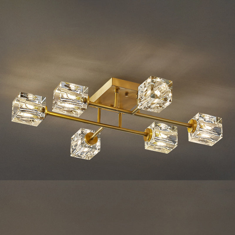 Zeitgenössischer Würfel Flush Light Crystal Flush Mount Deckenbestand in Gold