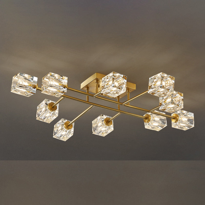 Zeitgenössischer Würfel Flush Light Crystal Flush Mount Deckenbestand in Gold