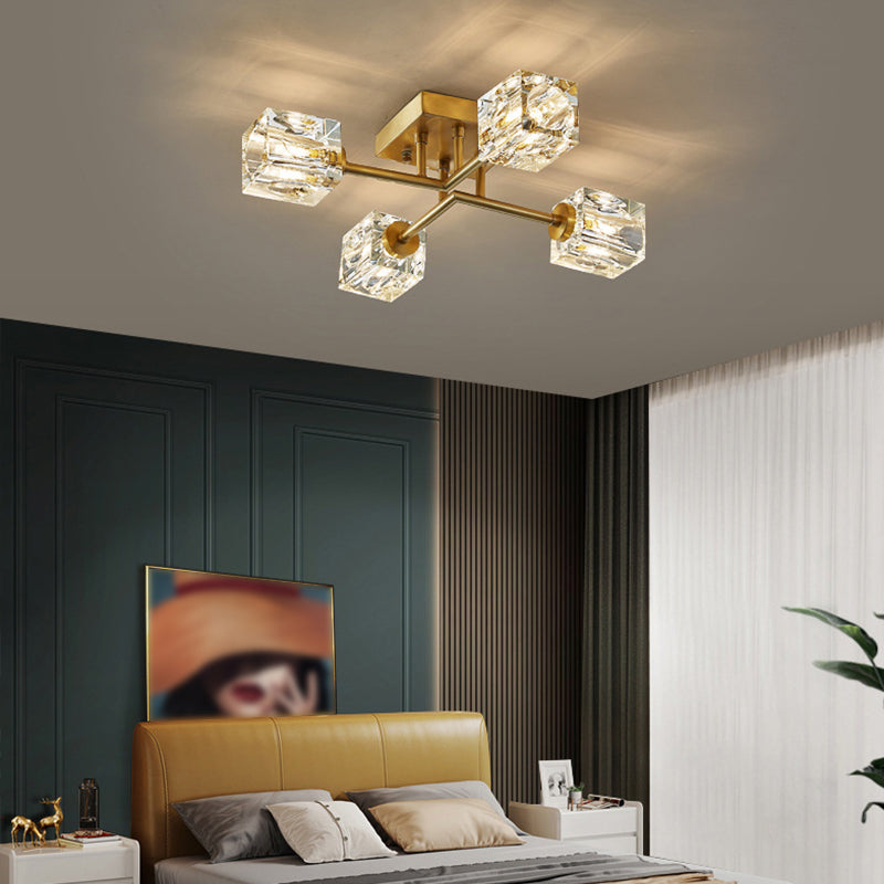 Zeitgenössischer Würfel Flush Light Crystal Flush Mount Deckenbestand in Gold