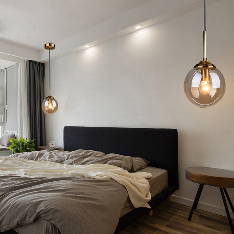 Luces colgantes de sombra esférica de vidrio estilo moderno 1 cabezal colgante de montaje colgante para la cama