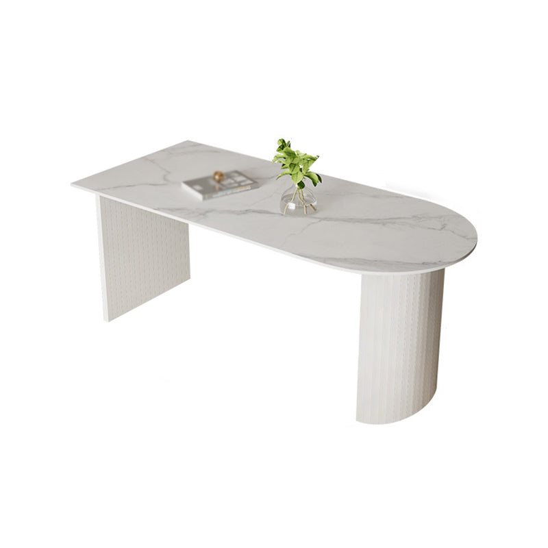 Table blanche supérieure en pierre frittée pour table de cuisine moderne de restaurant avec double piédestal