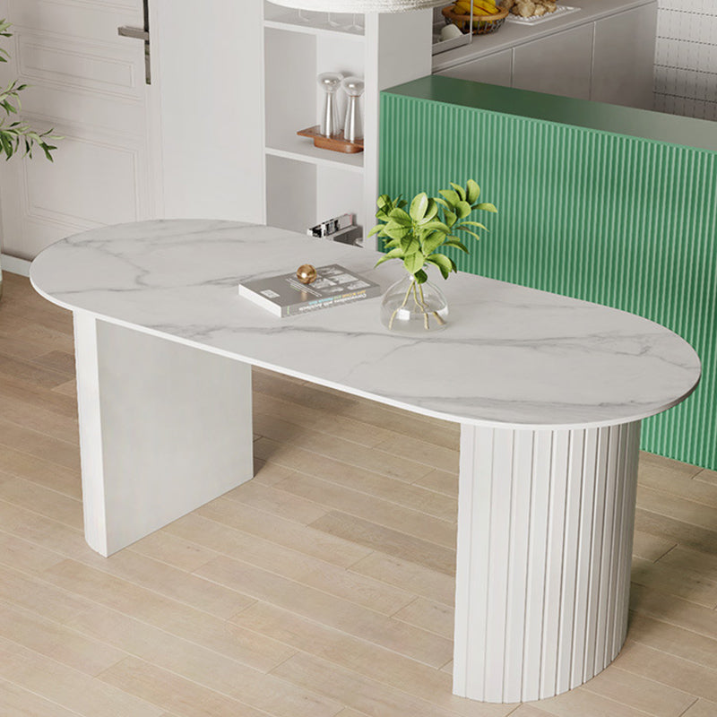 Table blanche supérieure en pierre frittée pour table de cuisine moderne de restaurant avec double piédestal