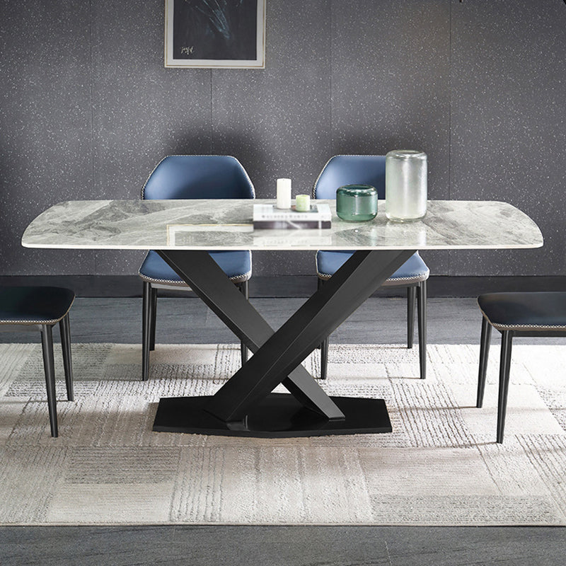 Stone Top Dining Table Modern Rectangle Dining Table with Black Base