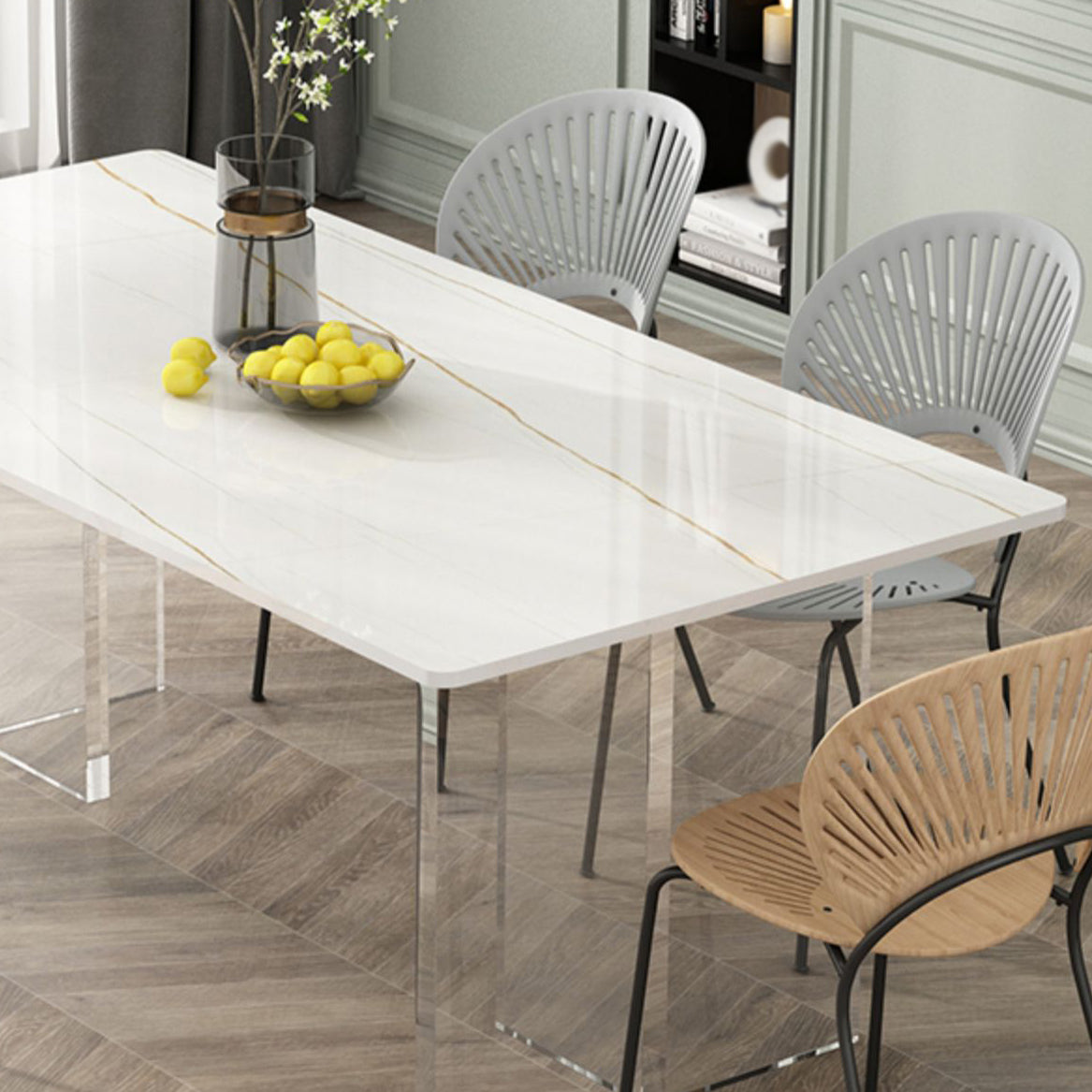 Modern Stone Top Dining Table Rectangle Acrylic Base Counter Dining Table