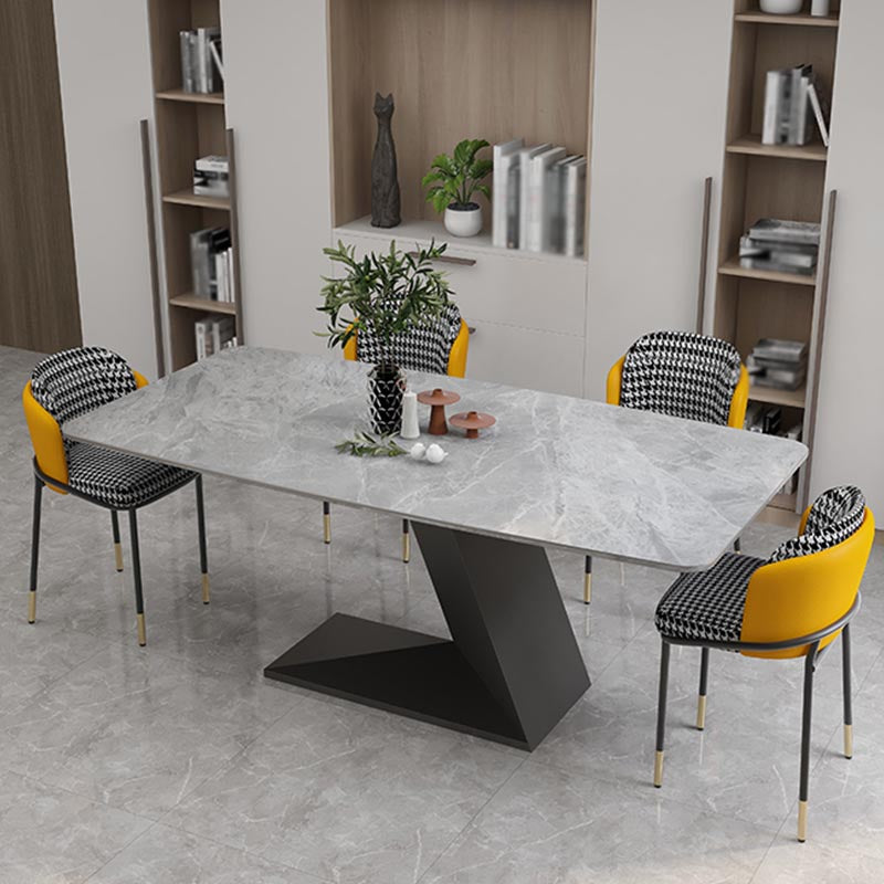 Stone Top Modern Dining Room Table Rectangle Dining Table with Black Pedestal Base