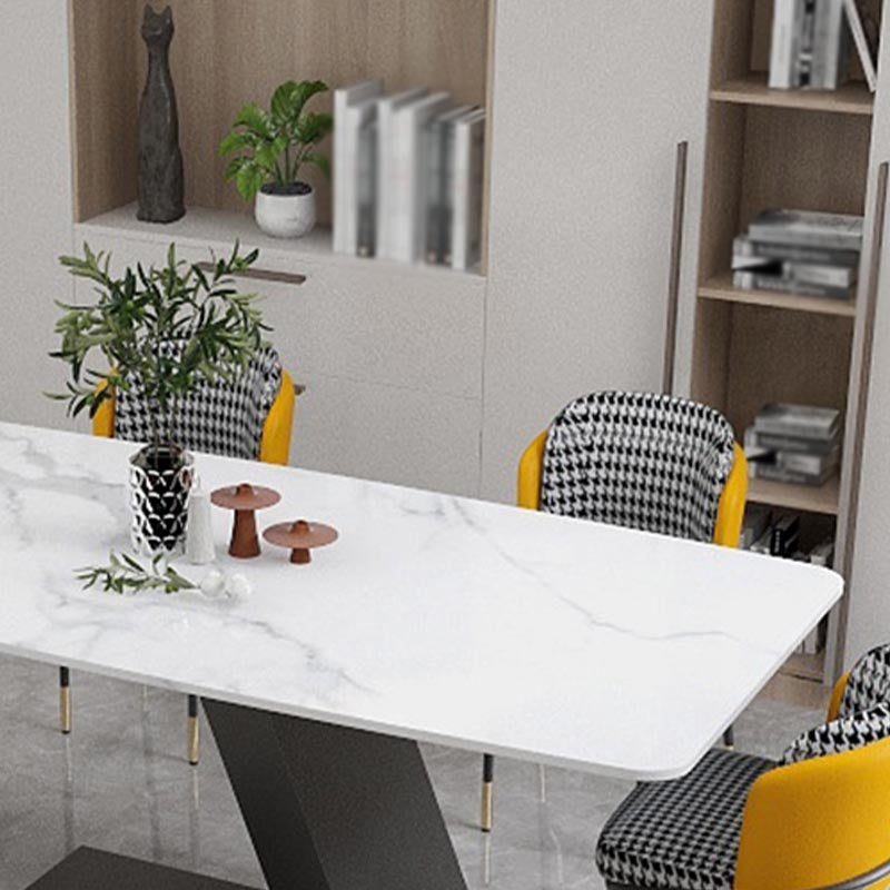 Stone Top Modern Dining Room Table Rectangle Dining Table with Black Pedestal Base