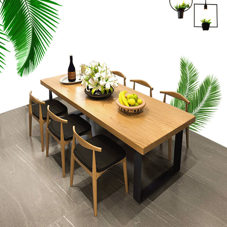 Industrial Rectangle Wood Table Standard Height Dining Table with Double Pedestal Base