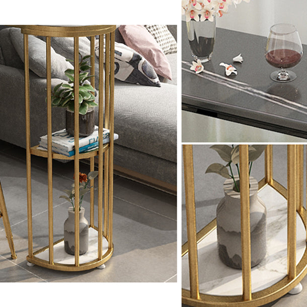 Glam Iron Bistro Table Stone Top Oval Indoor Bar Dining Table with 2-Shelf