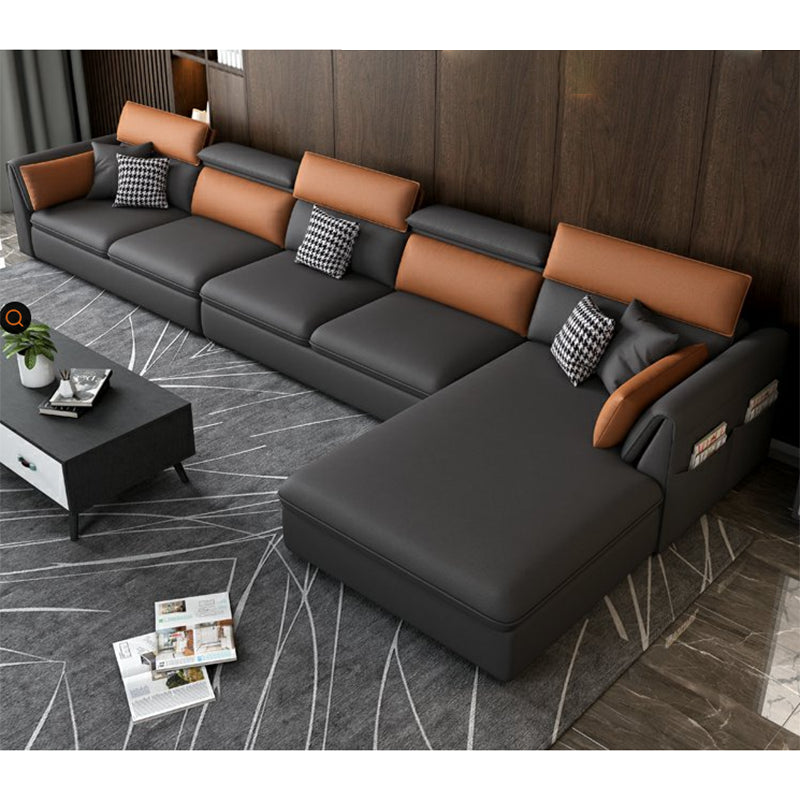 Stain-Resistant Faux Leather Flared Arm Sectional with Pillowed Back Cushions