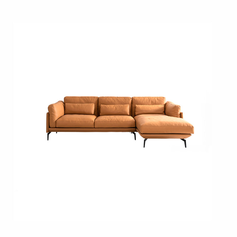 Square Arm Genuine Leather Sofa and Chaise Brown Sectional with Bolster Pillows