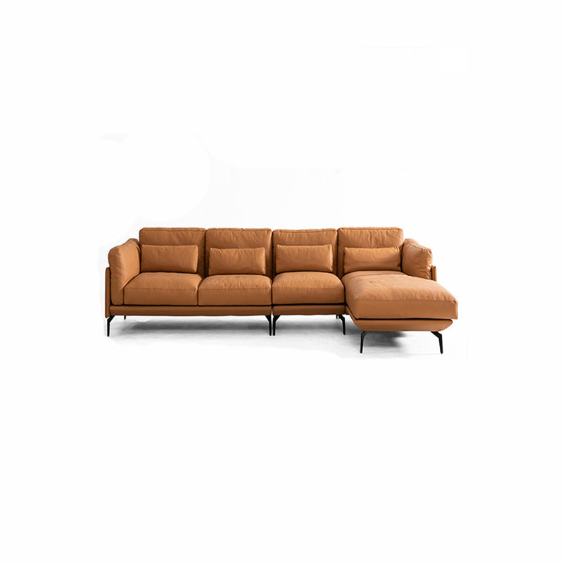 Square Arm Genuine Leather Sofa and Chaise Brown Sectional with Bolster Pillows