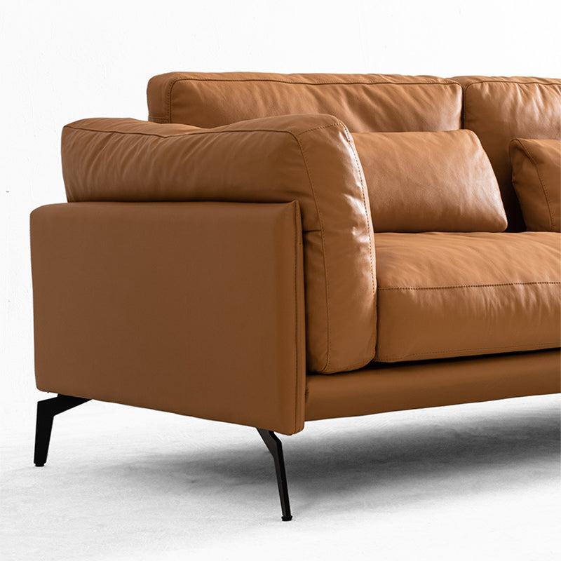 Square Arm Genuine Leather Sofa and Chaise Brown Sectional with Bolster Pillows