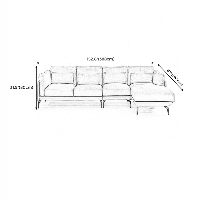 Square Arm Genuine Leather Sofa and Chaise Brown Sectional with Bolster Pillows