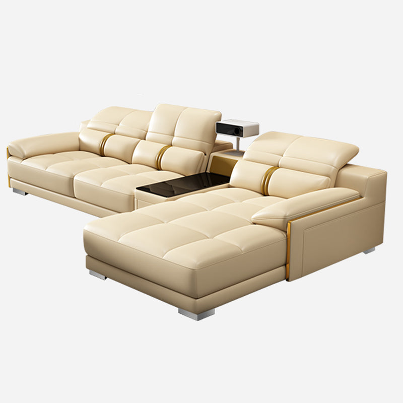 Genuine Leather Pillow Top Arm Sofa Cream Sectional with Removable Cushions