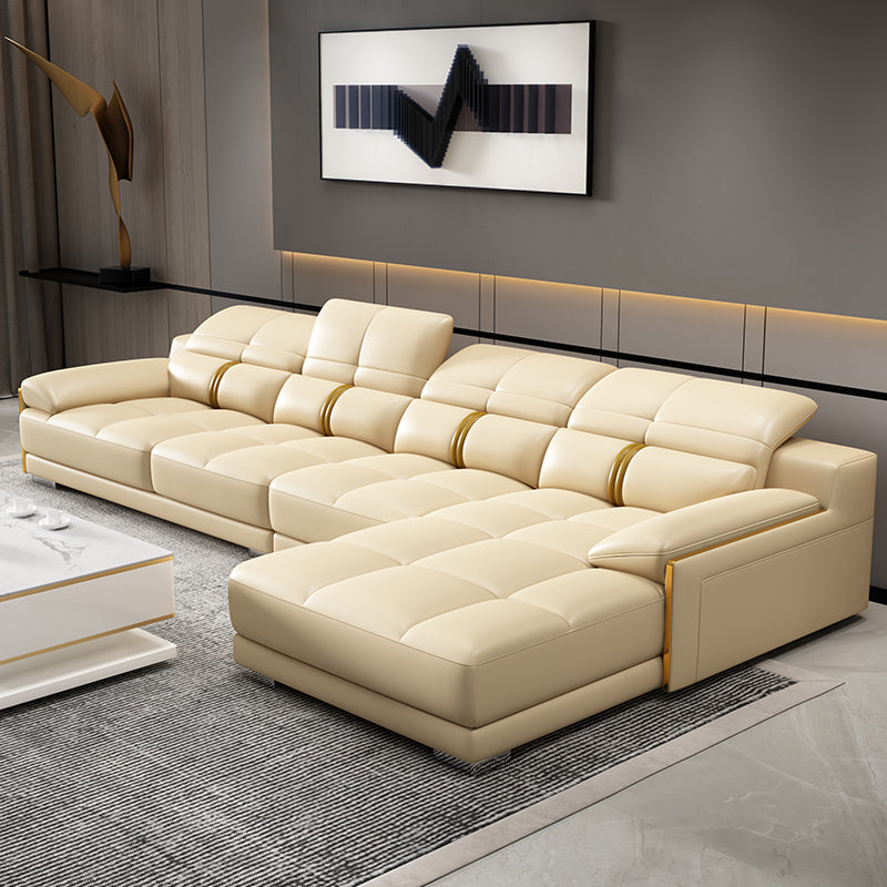 Genuine Leather Pillow Top Arm Sofa Cream Sectional with Removable Cushions