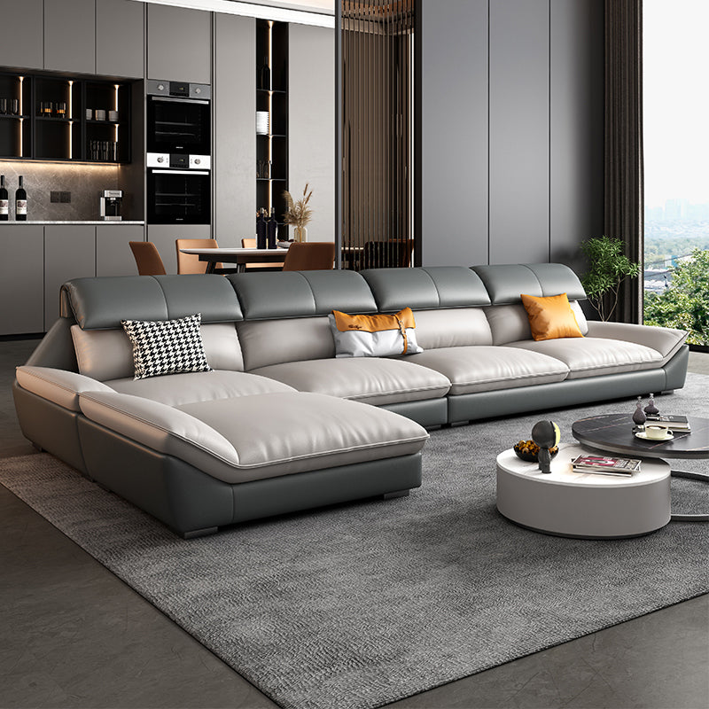 Contemporary Grey Faux Leather Sectional Pillow Top Arm Stain-Resistant Sofa and Chaise