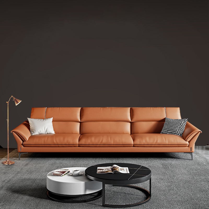 Contemporary Tan Leather Sectional Pillow Top Arm Sofa and Chaise for Living Room
