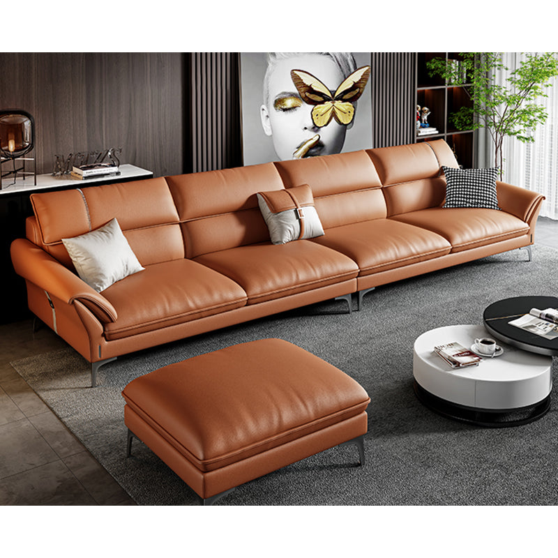 Contemporary Tan Leather Sectional Pillow Top Arm Sofa and Chaise for Living Room